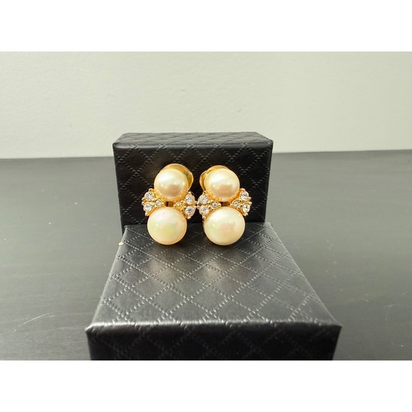Christian Dior Jewelry - Dior Vintage Gold Tone Faux Pearl Rhinestone Clip On Earrings costume  jewelry